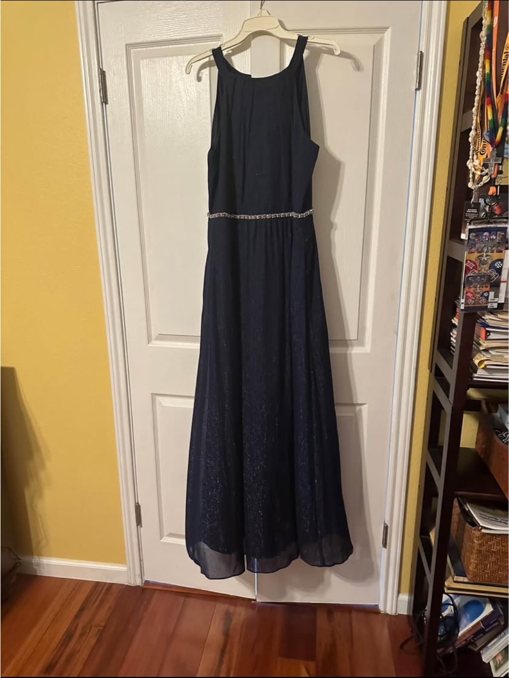 Elegant Navy A-Line Evening Dress with Beaded Waist